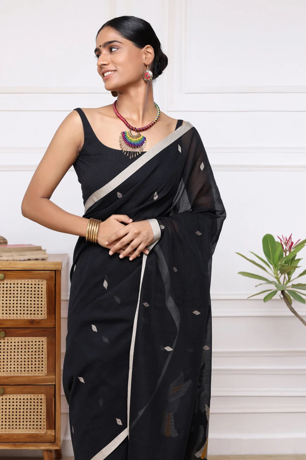 Handloom Black Soft Cotton Jamdani with Multi Colours Motifs