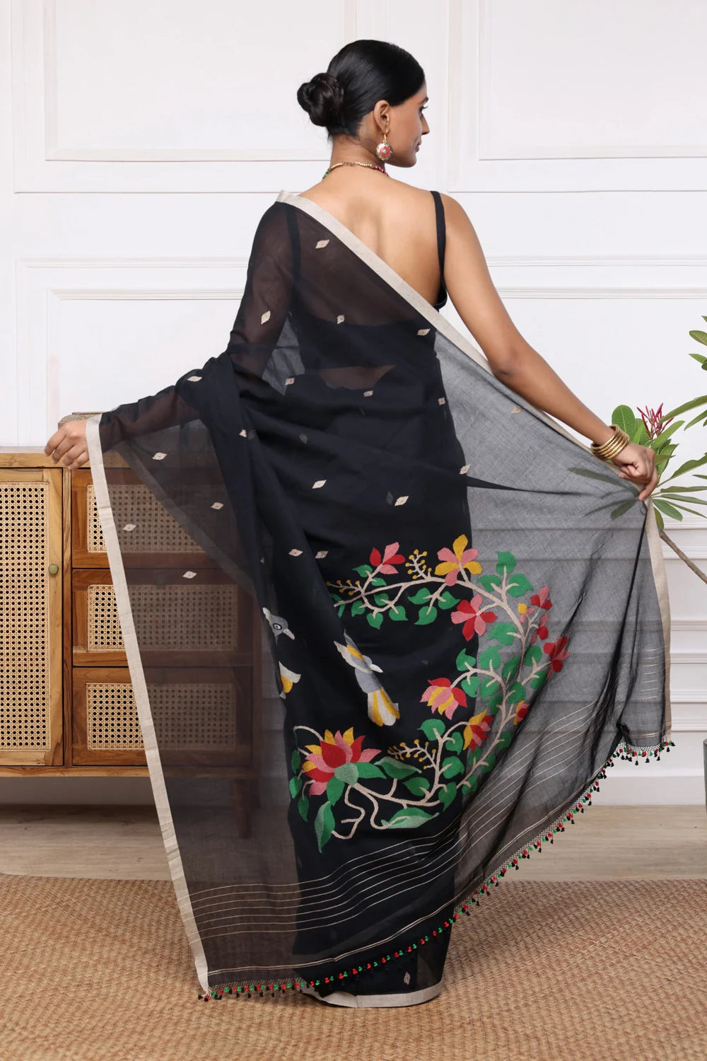 Handloom Black Soft Cotton Jamdani with Multi Colours Motifs