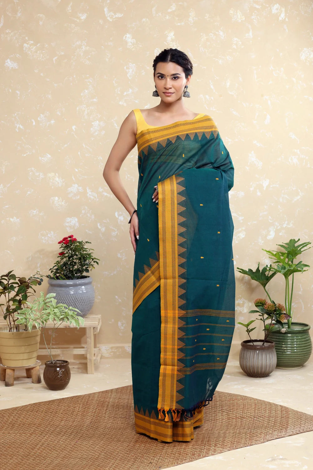 Handloom Blue Green Pure Cotton Kanchi Saree