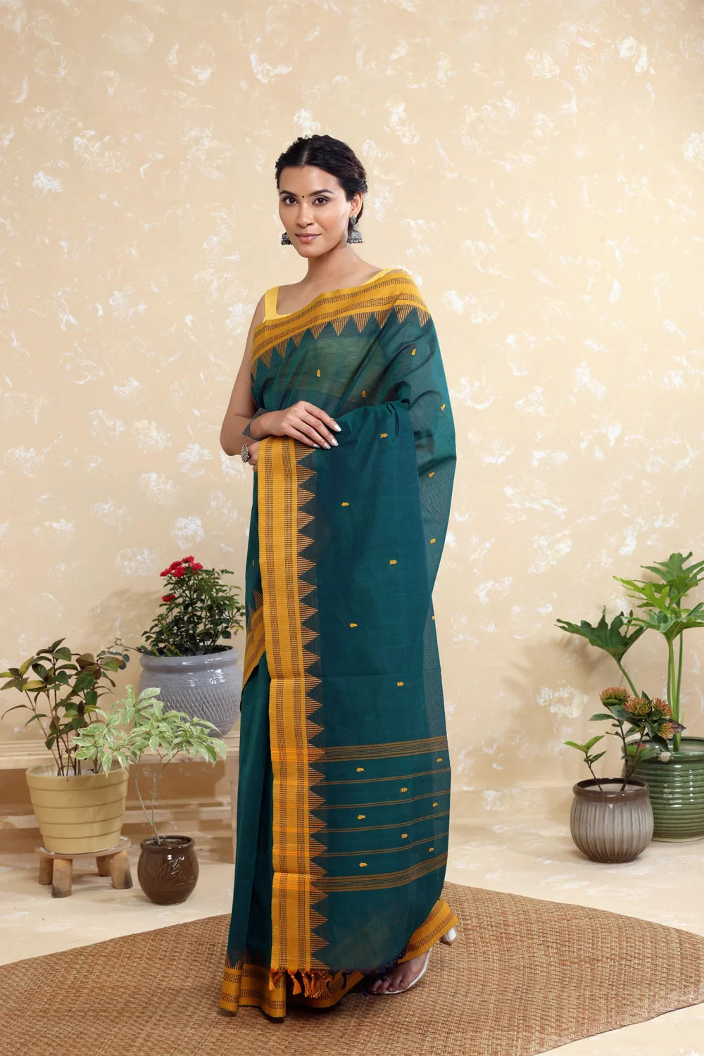 Handloom Blue Green Pure Cotton Kanchi Saree