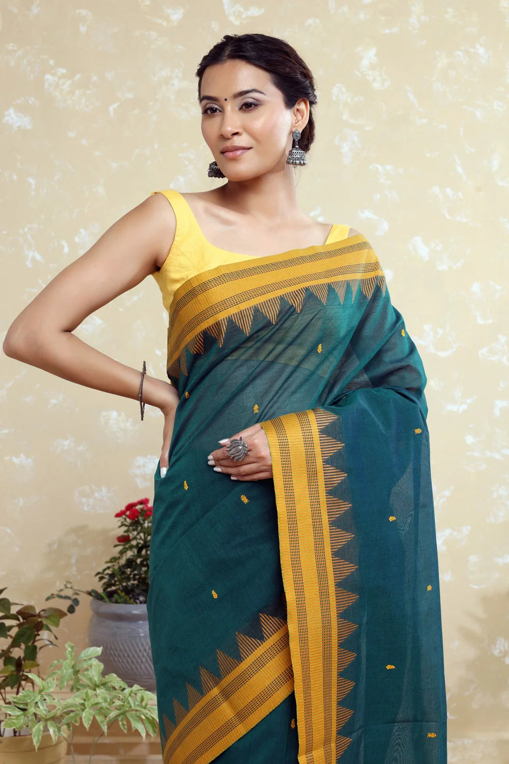 Handloom Blue Green Pure Cotton Kanchi Saree