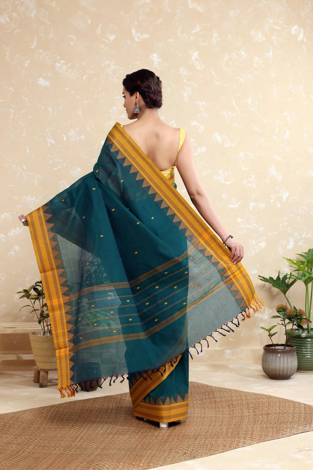 Handloom Blue Green Pure Cotton Kanchi Saree