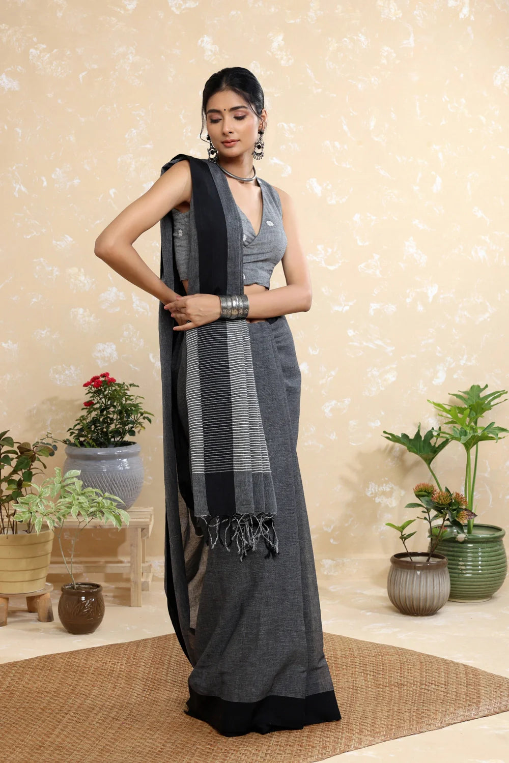 Handloom Grey Pure Cotton Saree with Black Border