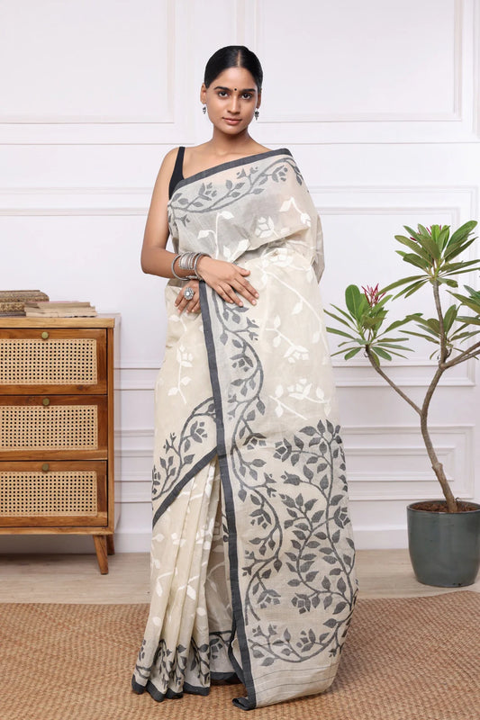 Handloom Ivory Cream Pure Cotton Multi Colour Floral Jamdani