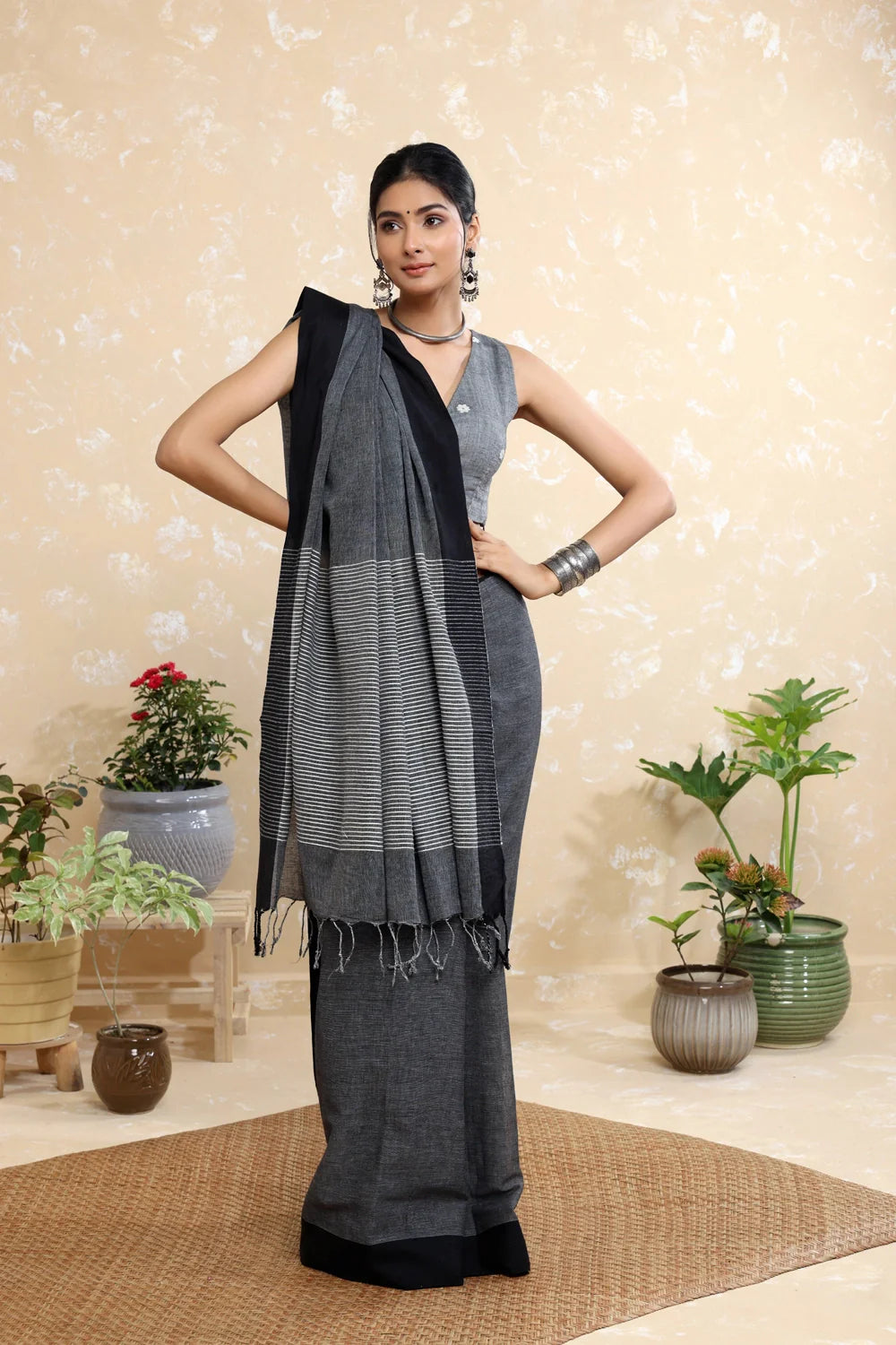 Handloom Grey Pure Cotton Saree with Black Border