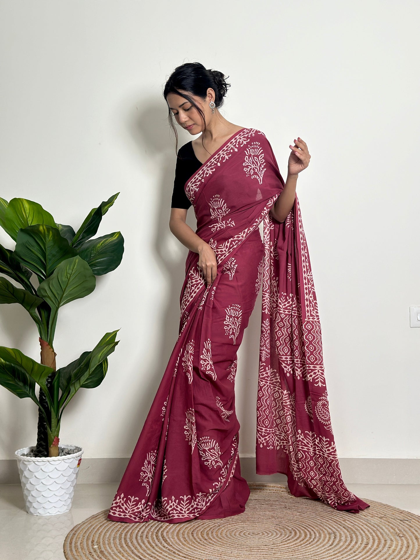 Magenta Mystique - Handblock Print Natural Dyed - Mulmul Cotton Saree