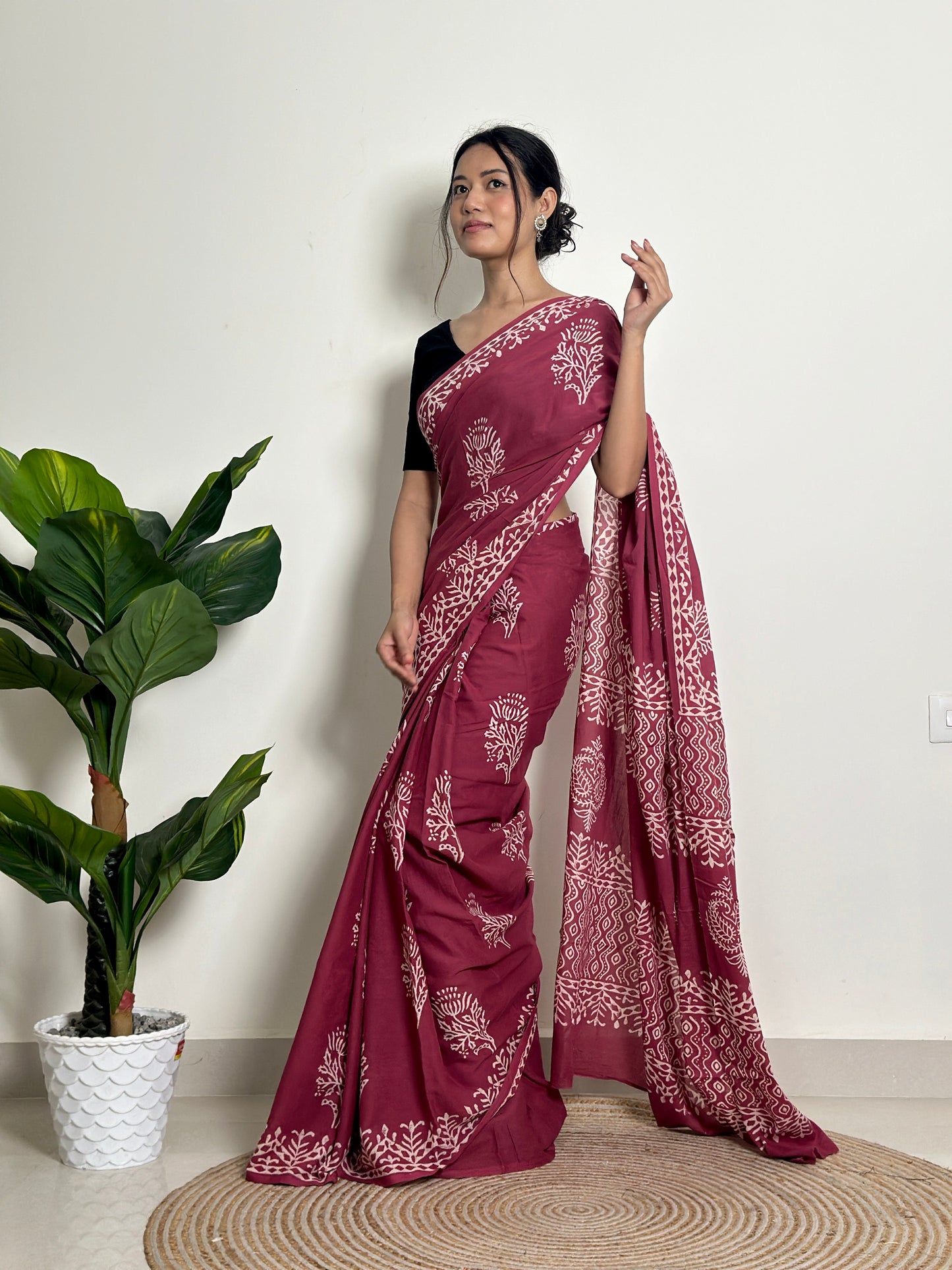 Magenta Mystique - Handblock Print Natural Dyed - Mulmul Cotton Saree