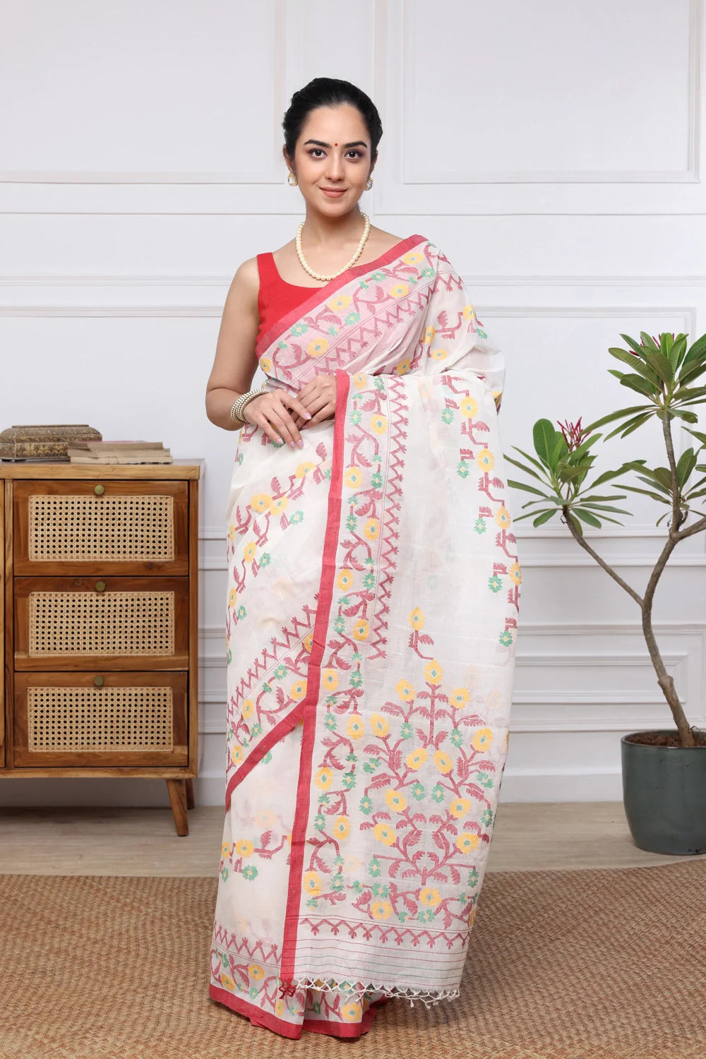 Handloom Traditional White & Red Pure Cotton Jamdani Saree