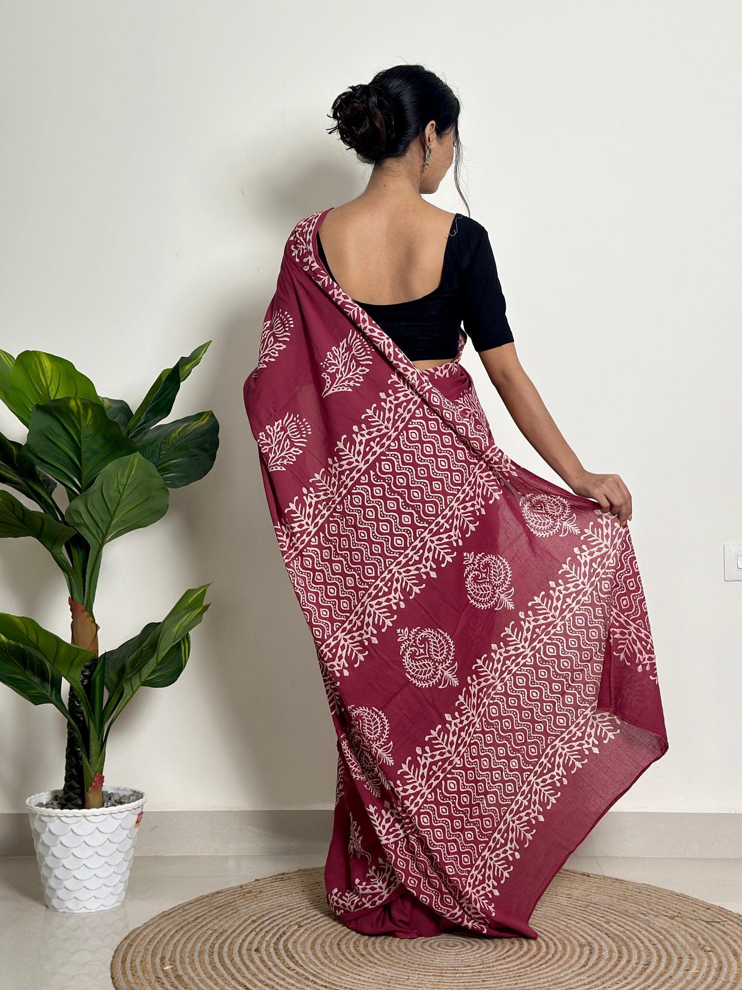 Magenta Mystique - Handblock Print Natural Dyed - Mulmul Cotton Saree