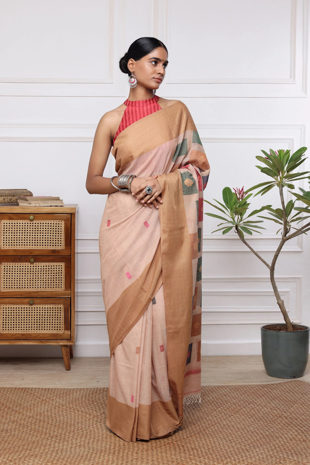 Handloom Brown Soft Cotton Jamdani with Multi Colour Box Motifs Saree