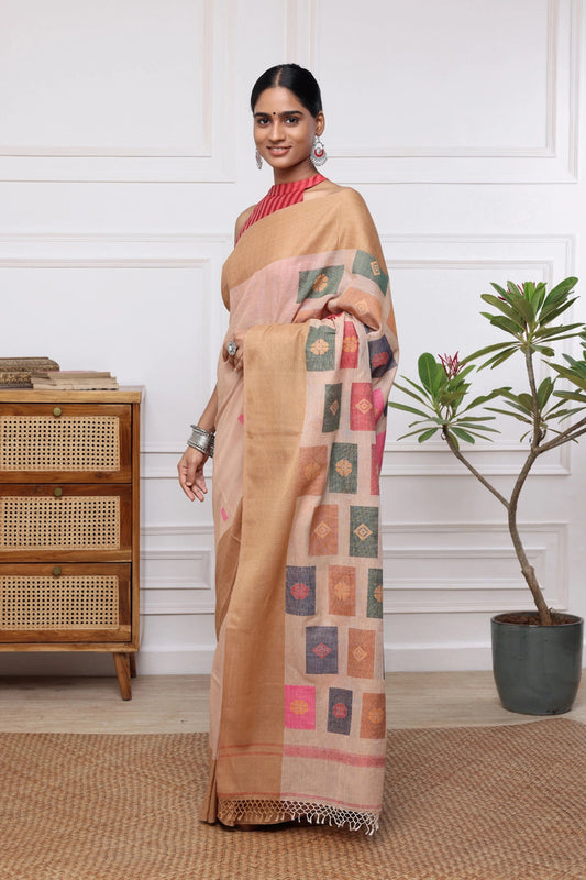 Handloom Brown Soft Cotton Jamdani with Multi Colour Box Motifs Saree