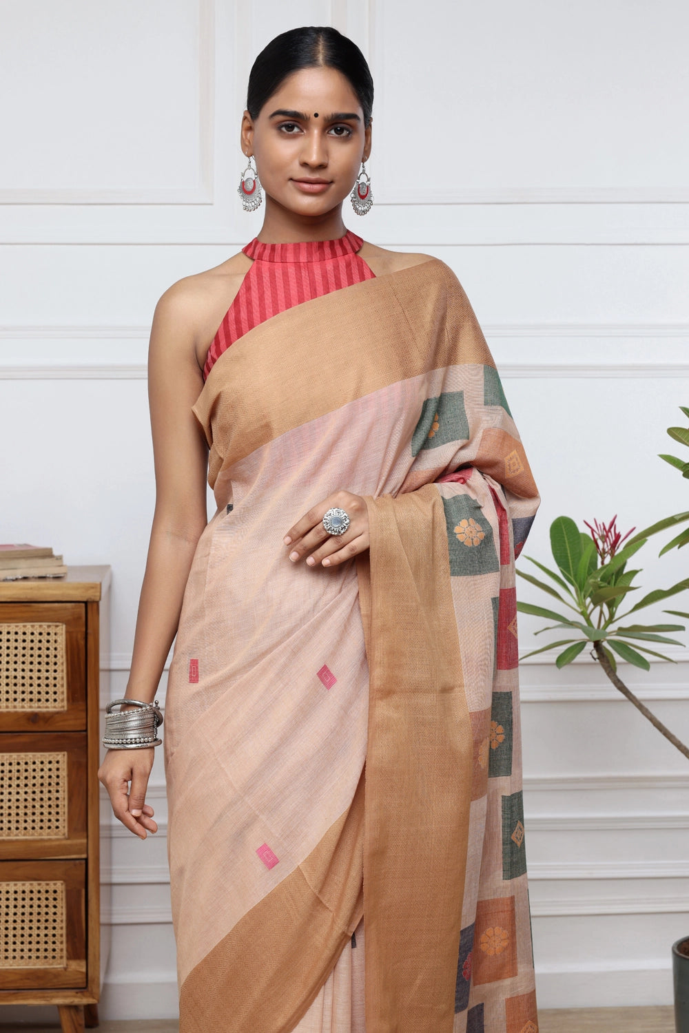 Handloom Brown Soft Cotton Jamdani with Multi Colour Box Motifs Saree