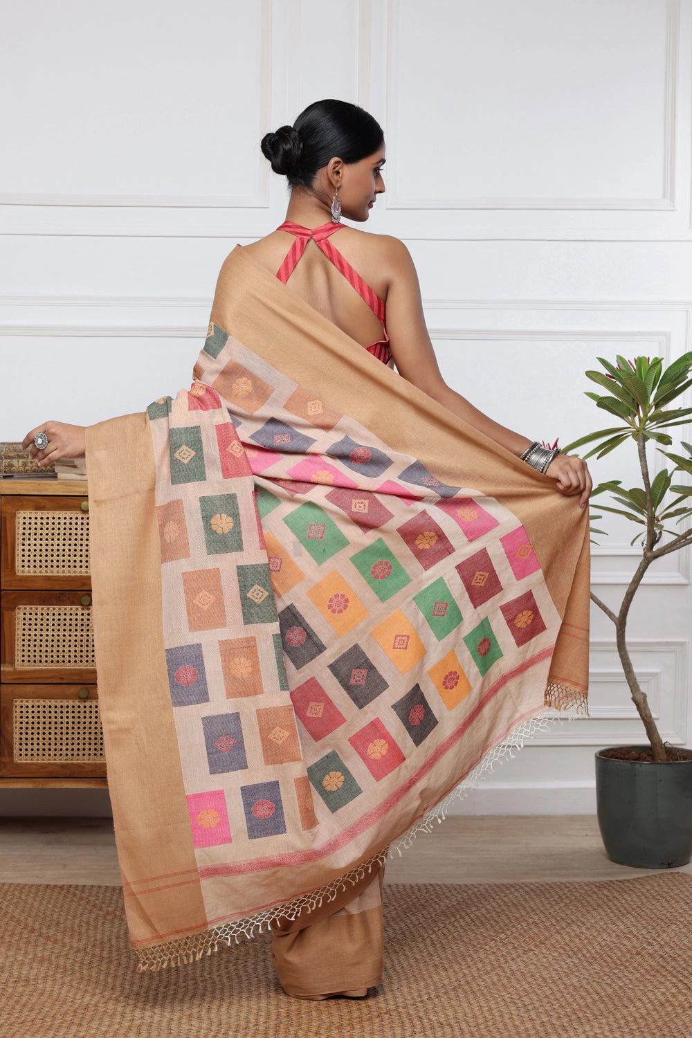 Handloom Brown Soft Cotton Jamdani with Multi Colour Box Motifs Saree