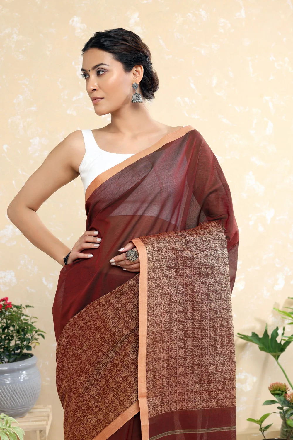 Handloom Berry Red Pure Cotton Kanchi Saree