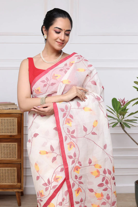 Handloom White & Red Pure Cotton Jamdani Saree