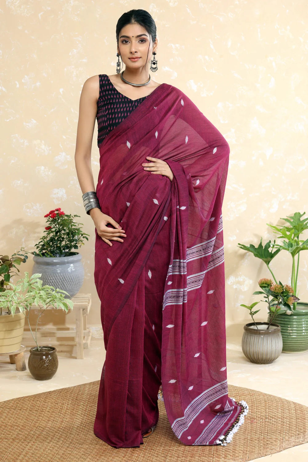 Handloom Wine  Mulmul Saree with Tassels