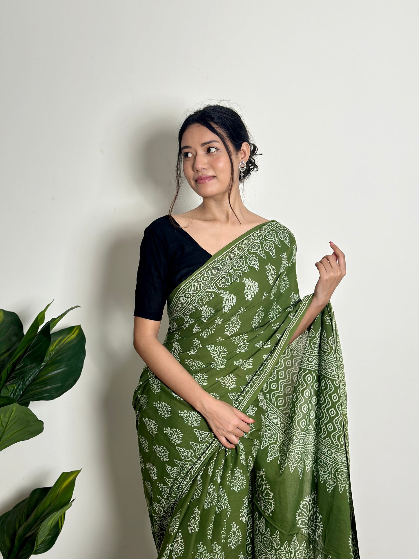 Olive Orchard - Handblock Print Natural Dyed - Mulmul Cotton Saree