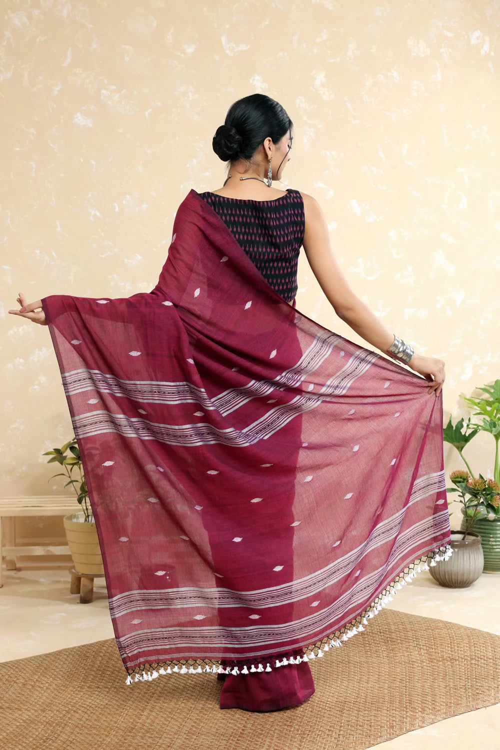 Handloom Wine  Mulmul Saree with Tassels