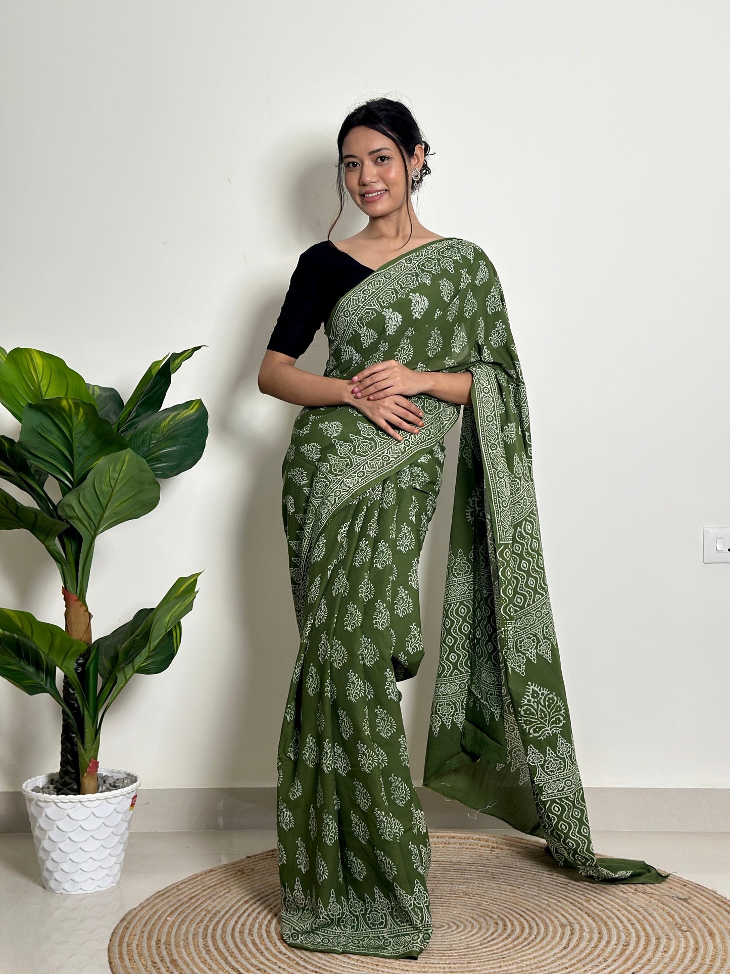 Olive Orchard - Handblock Print Natural Dyed - Mulmul Cotton Saree