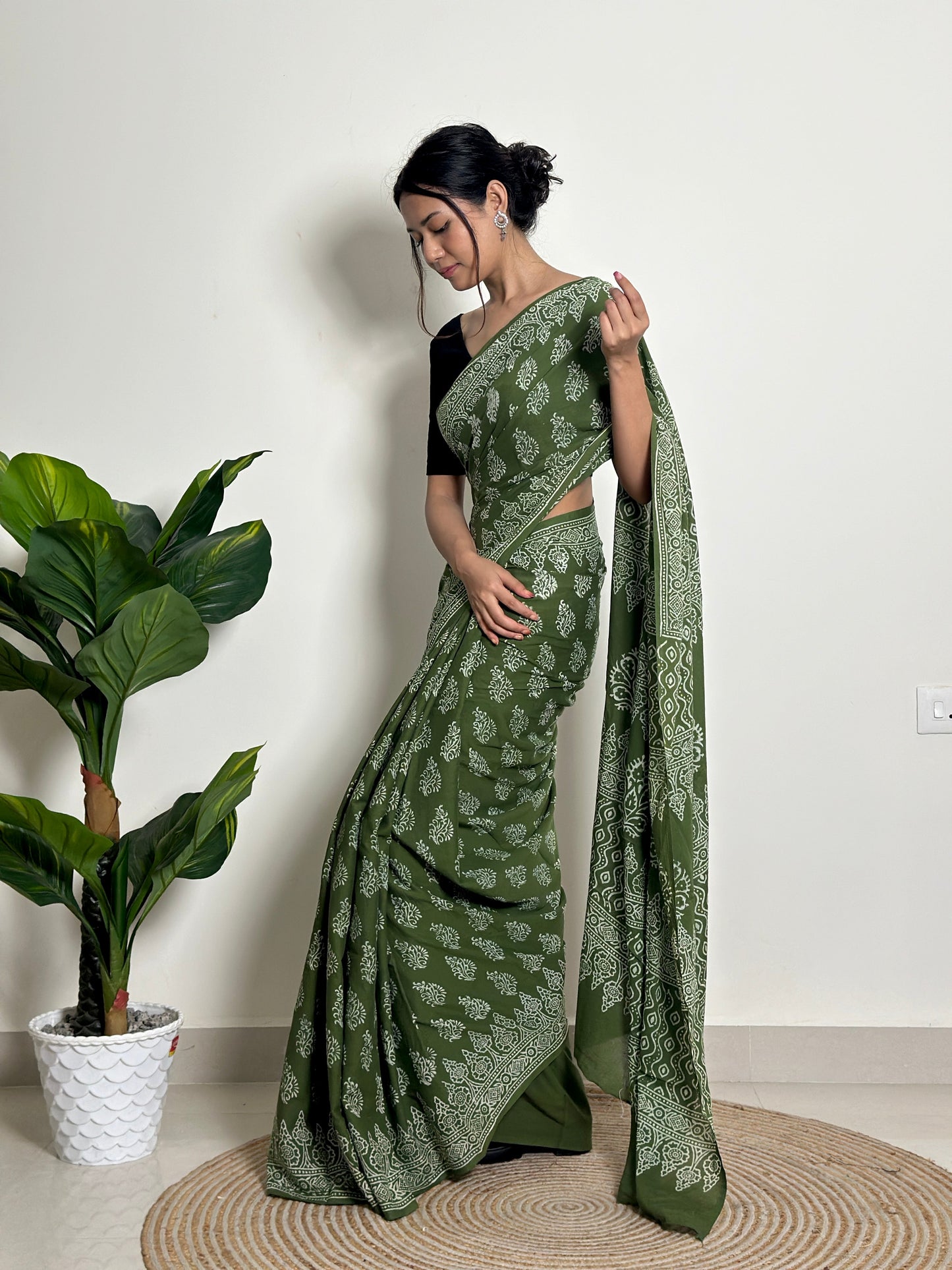 Olive Orchard - Handblock Print Natural Dyed - Mulmul Cotton Saree