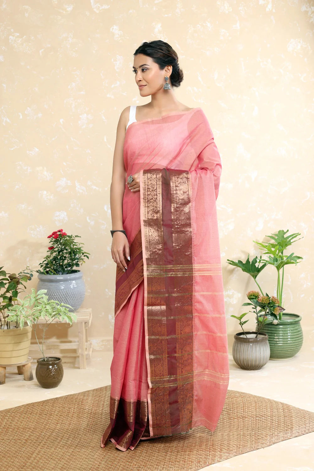 Handloom Turkey Red Pure Cotton Kanchi Saree With Zari Border