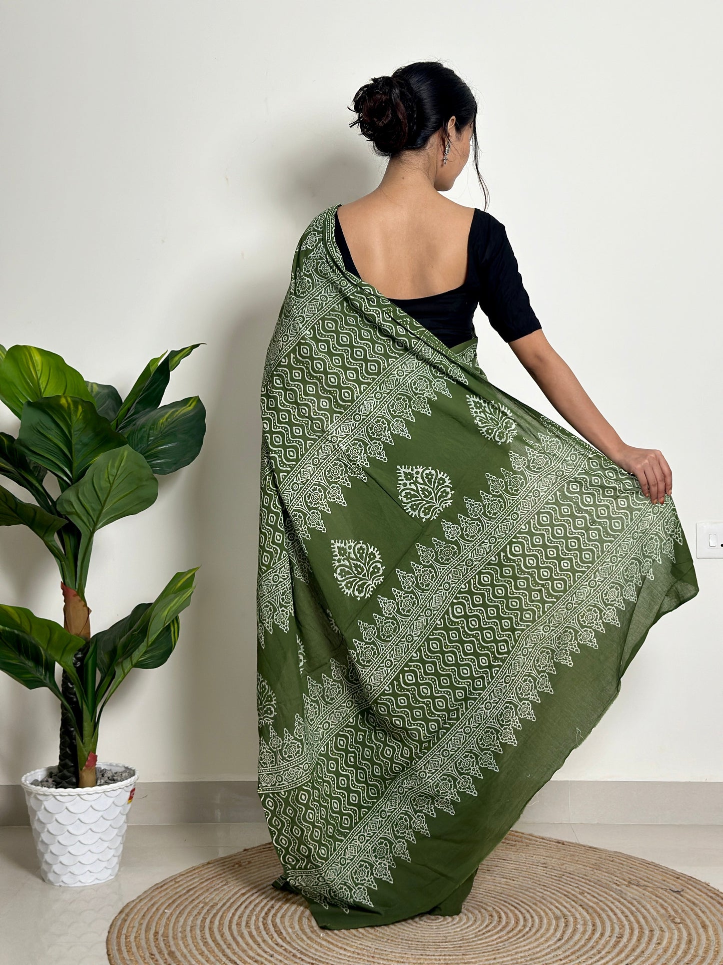 Olive Orchard - Handblock Print Natural Dyed - Mulmul Cotton Saree