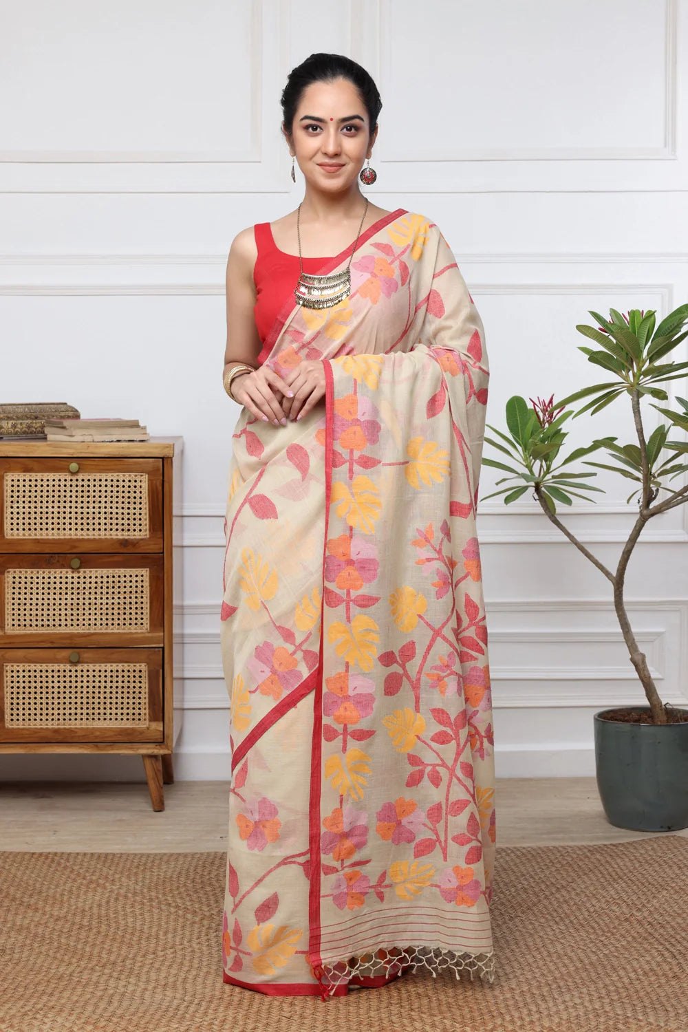 Handloom Almond Brown Soft Cotton Multi Colour Floral Jamdani