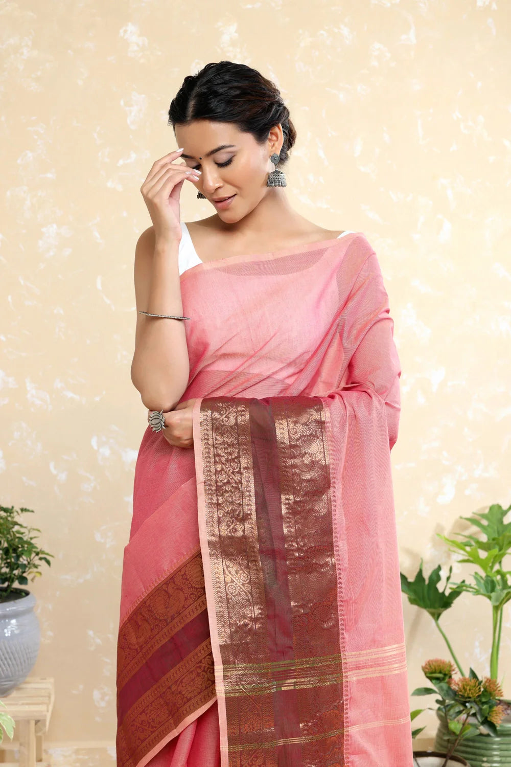 Handloom Turkey Red Pure Cotton Kanchi Saree With Zari Border