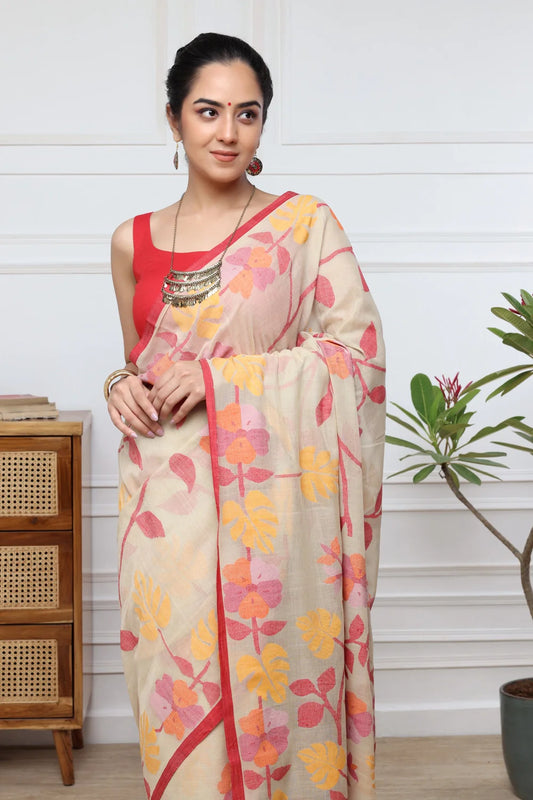 Handloom Almond Brown Soft Cotton Multi Colour Floral Jamdani