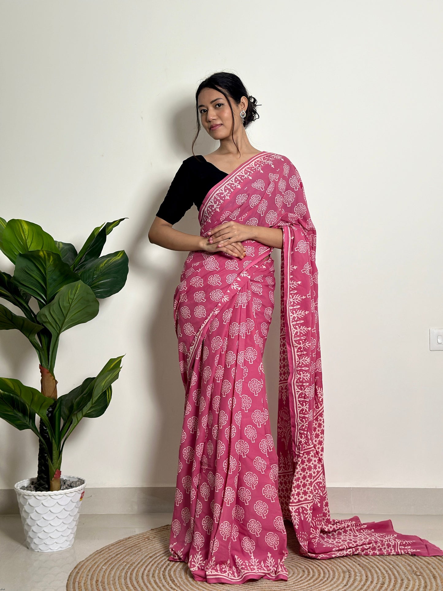 Passionate Pink - Handblock Print Natural Dyed - Mulmul Cotton Saree