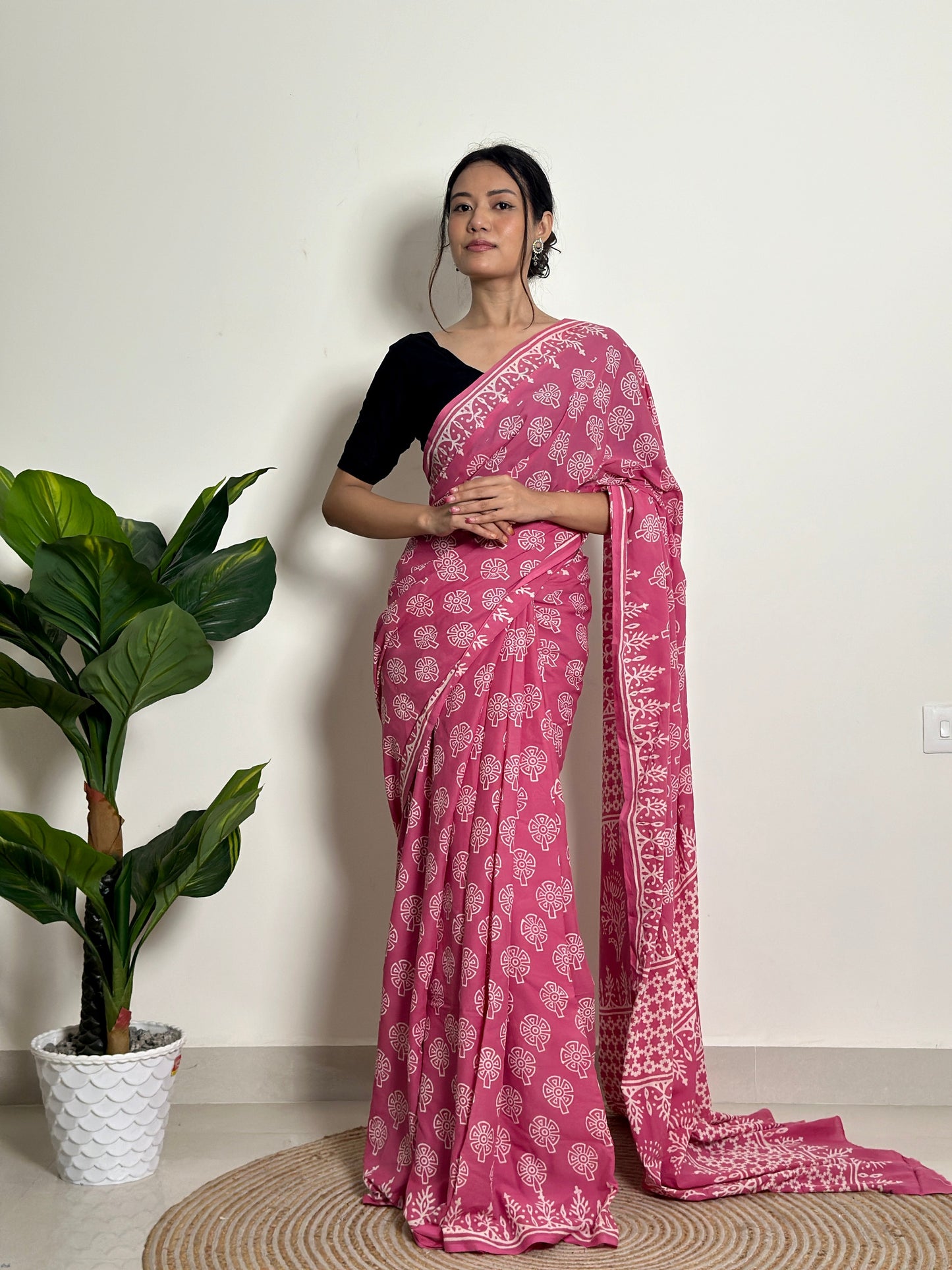 Passionate Pink - Handblock Print Natural Dyed - Mulmul Cotton Saree