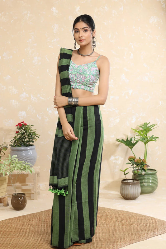 Handloom Black & Green Stripes Mulmul Saree