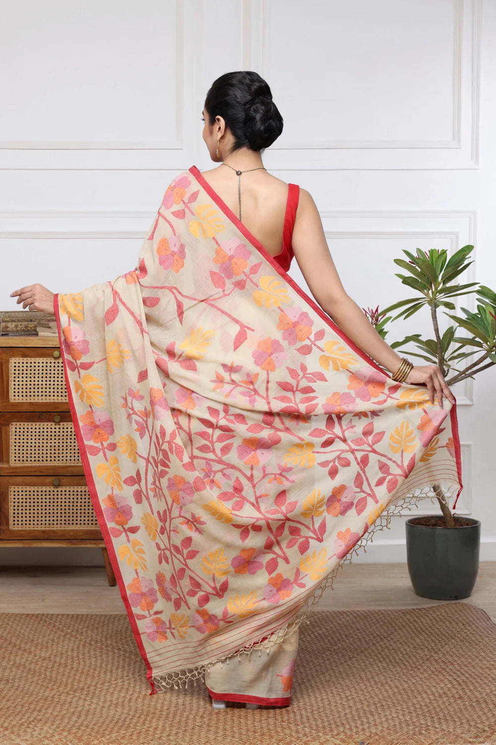 Handloom Almond Brown Soft Cotton Multi Colour Floral Jamdani