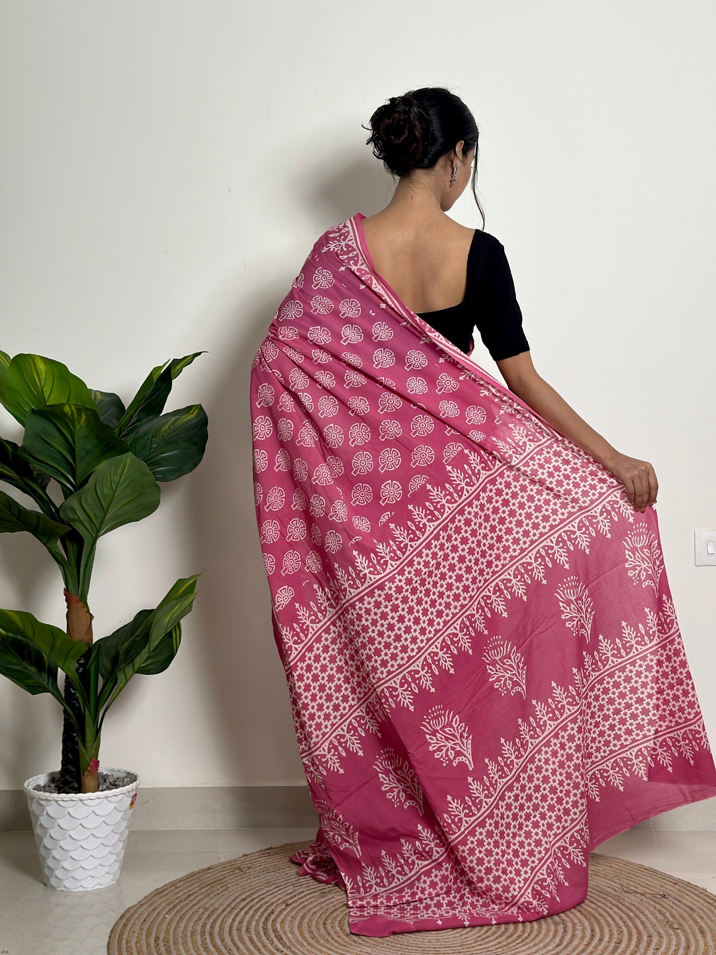 Passionate Pink - Handblock Print Natural Dyed - Mulmul Cotton Saree