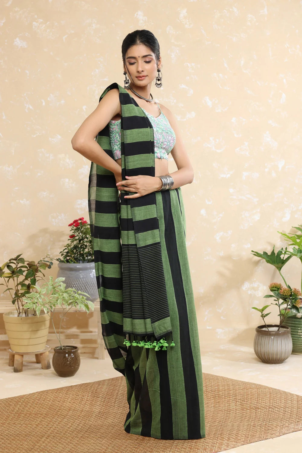 Handloom Black & Green Stripes Mulmul Saree