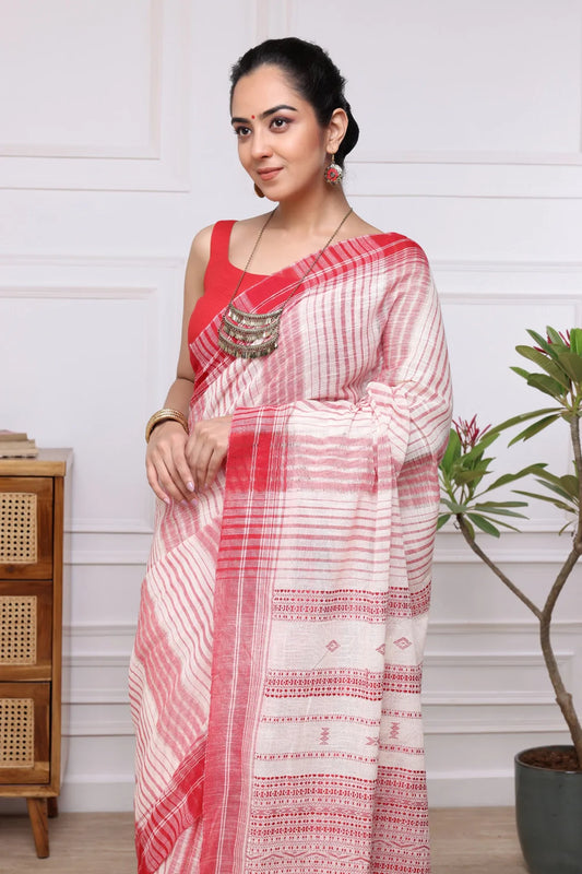 Handloom White and Red Soft Linen Jamdani  Saree