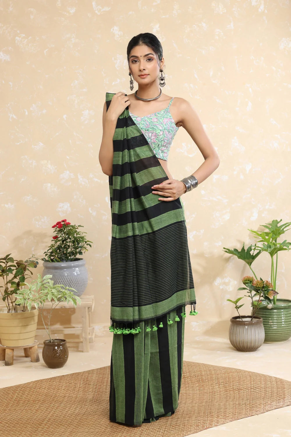 Handloom Black & Green Stripes Mulmul Saree