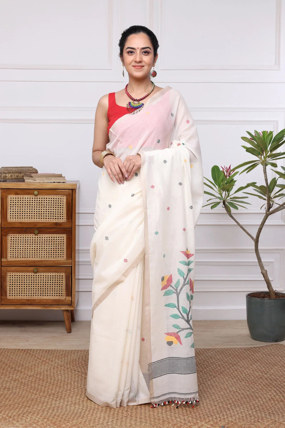 Handloom Off White Soft Cotton Jamdani Saree with Multi Colour Floral Motifs