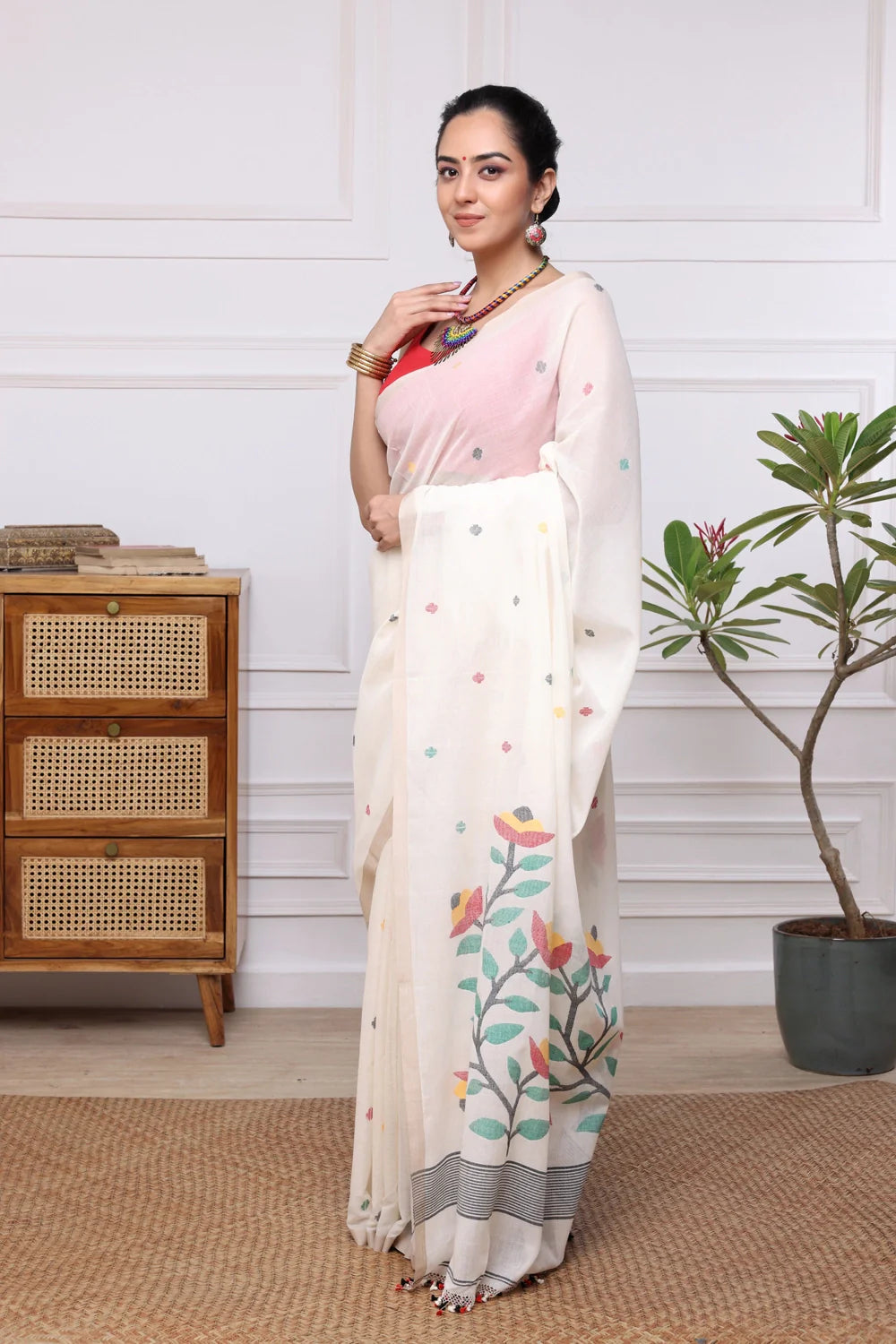 Handloom Off White Soft Cotton Jamdani Saree with Multi Colour Floral Motifs