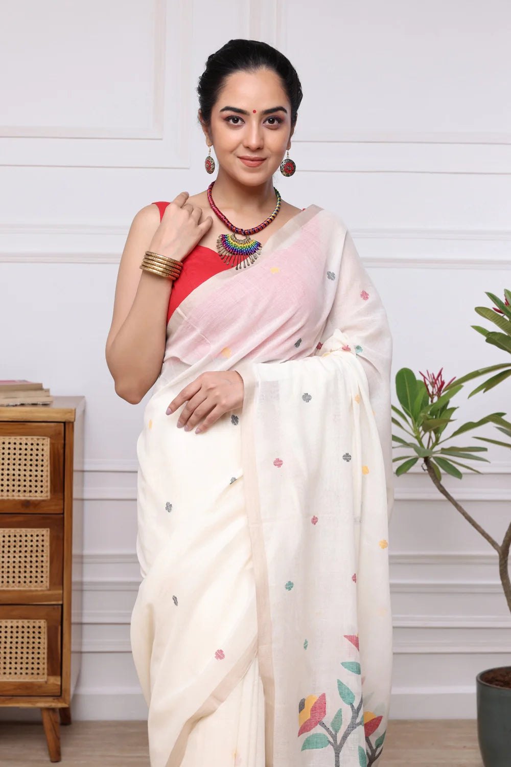 Handloom Off White Soft Cotton Jamdani Saree with Multi Colour Floral Motifs