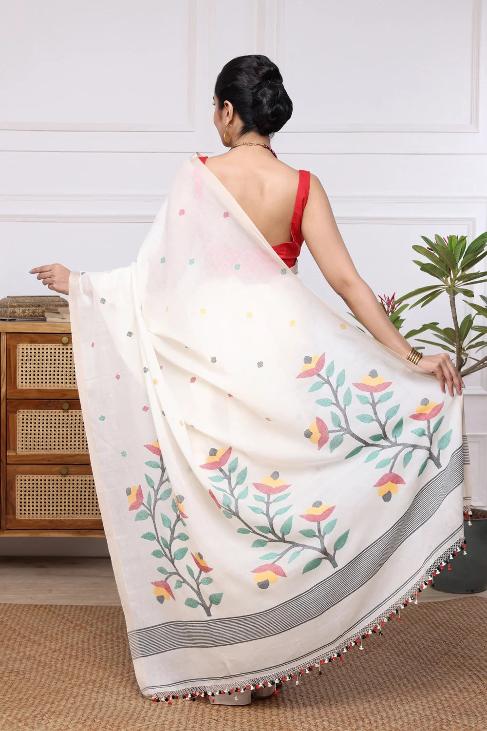 Handloom Off White Soft Cotton Jamdani Saree with Multi Colour Floral Motifs