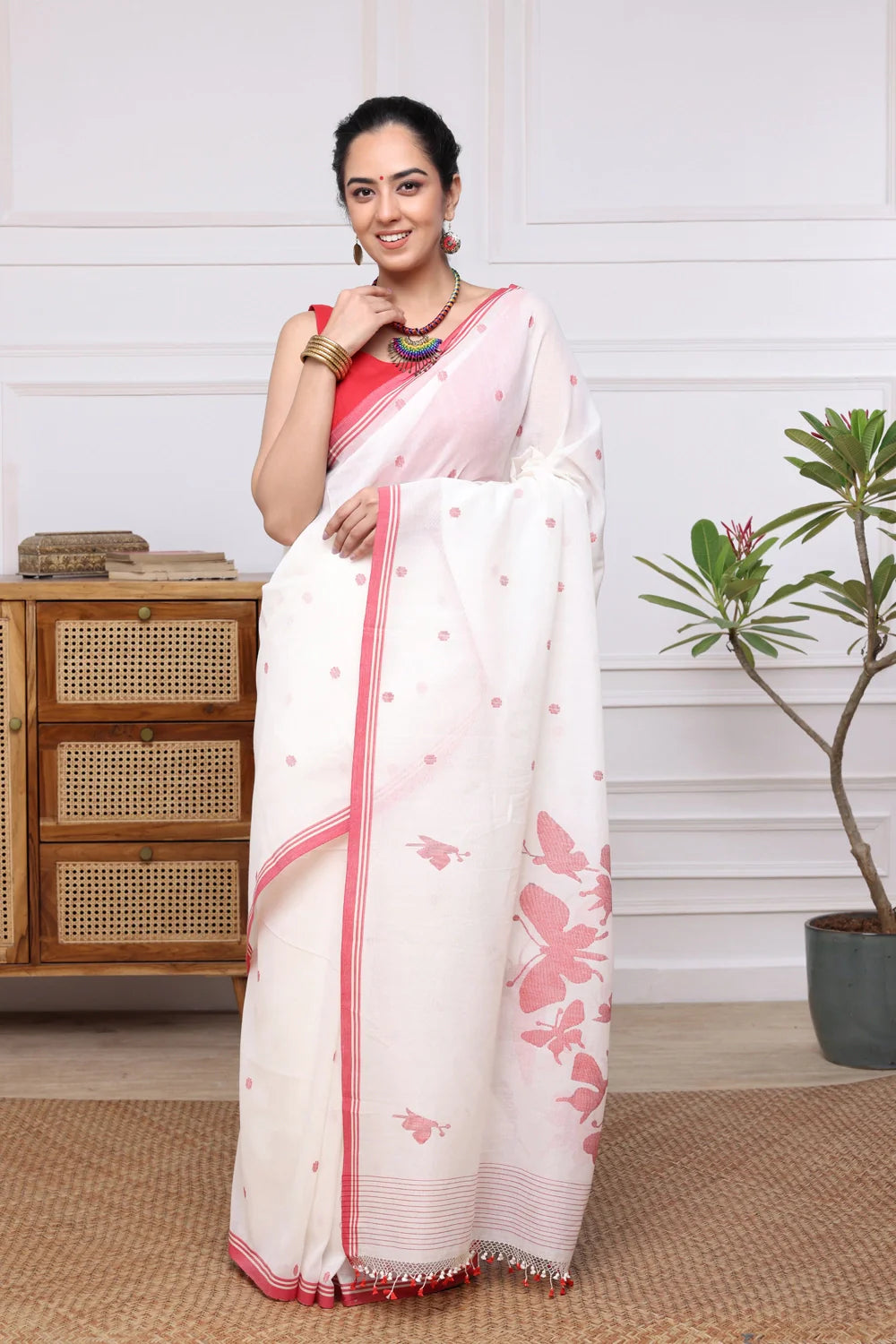 Handloom White & Red Soft Cotton Jamdani Saree with Butterfly Motifs