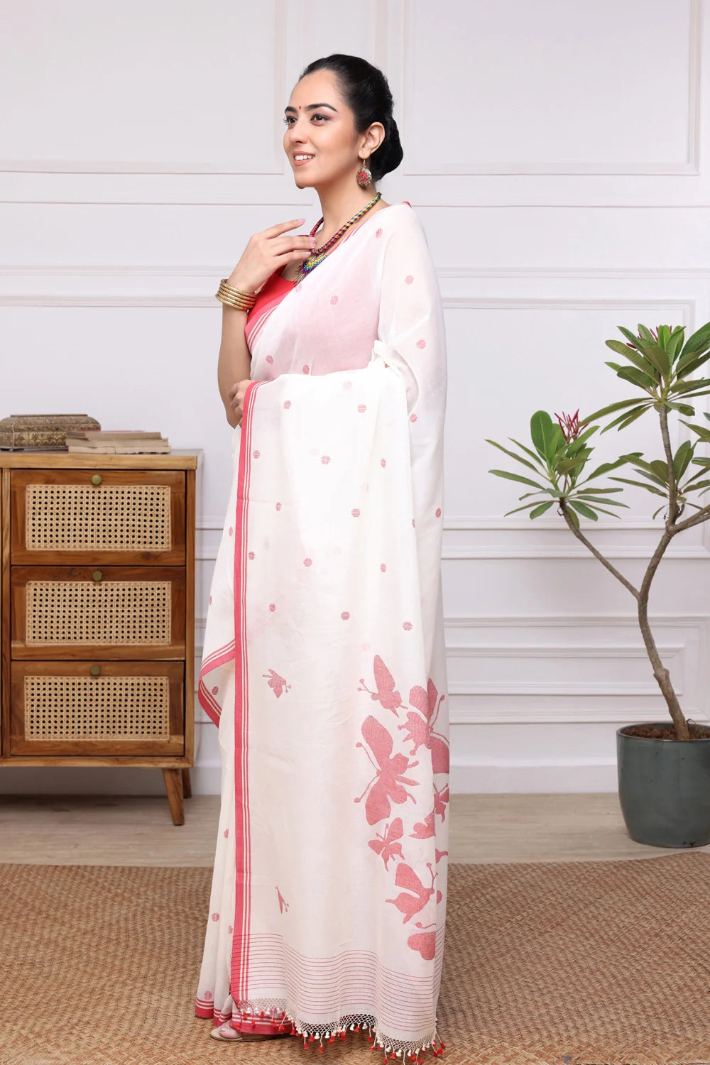 Handloom White & Red Soft Cotton Jamdani Saree with Butterfly Motifs