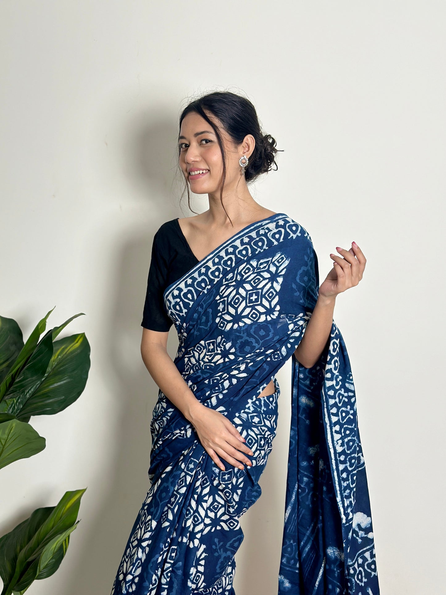 Twilight Breeze - Handblock Print Natural Dyed - Mulmul Cotton Saree