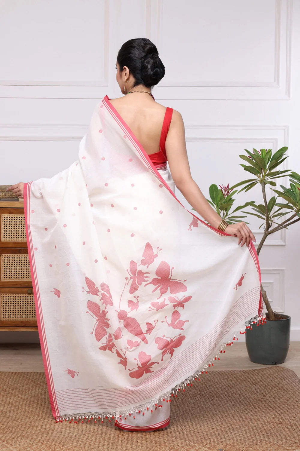 Handloom White & Red Soft Cotton Jamdani Saree with Butterfly Motifs