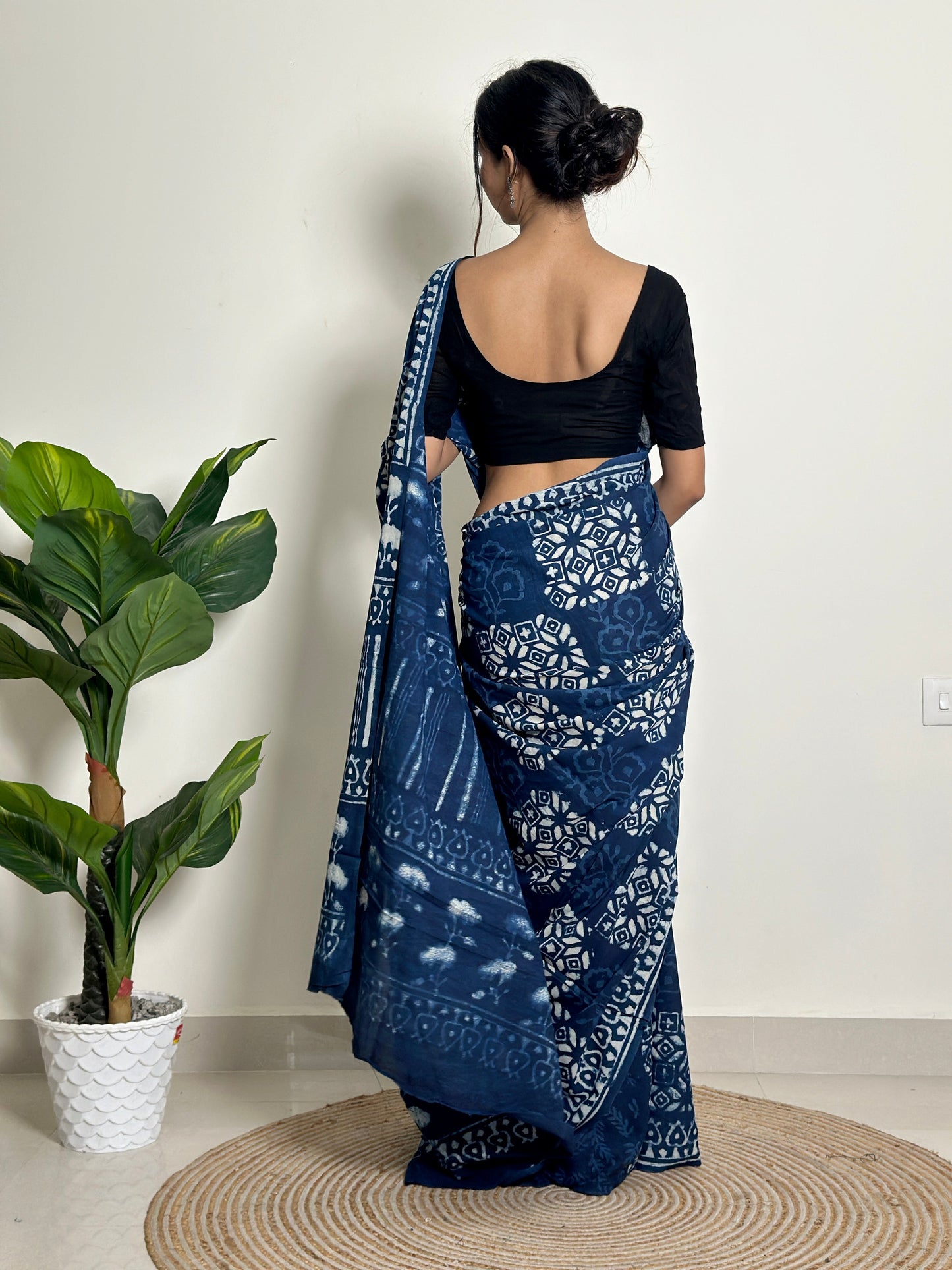 Twilight Breeze - Handblock Print Natural Dyed - Mulmul Cotton Saree