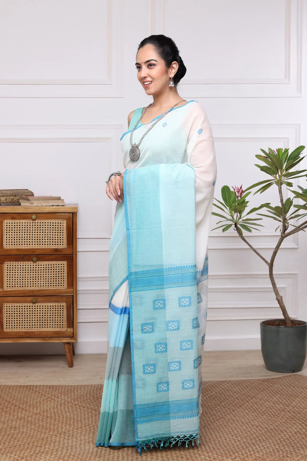 Handloom White & Blue Soft Cotton Jamdani Saree with Box Motifs