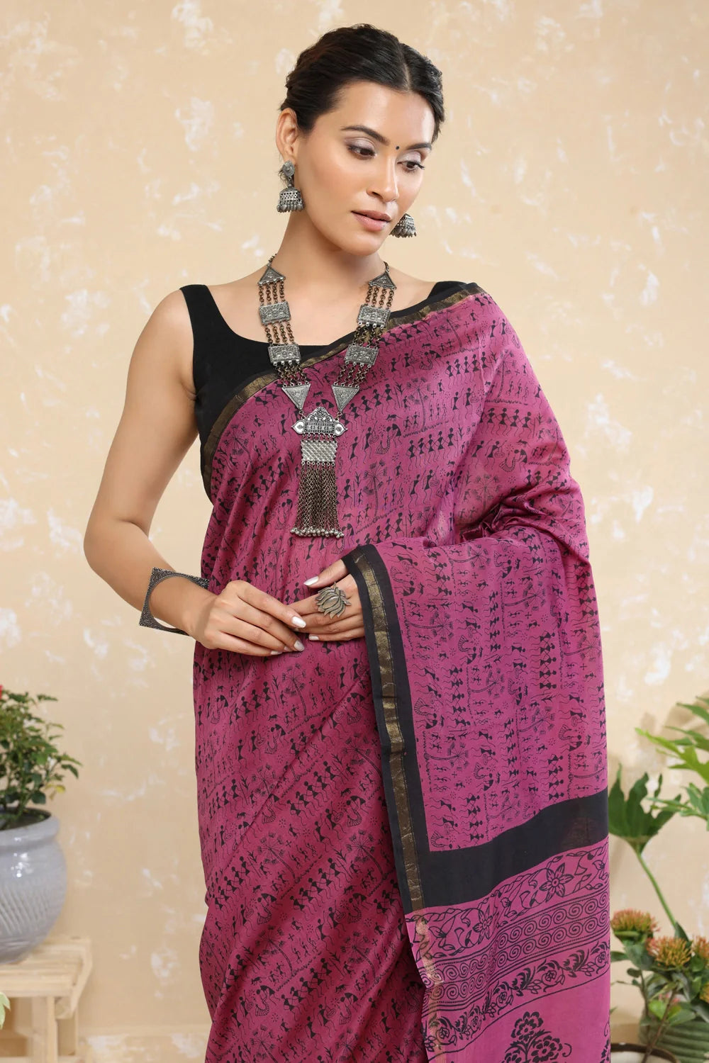 Handloom Wine Tribal Block Print Chanderi Cotton Saree