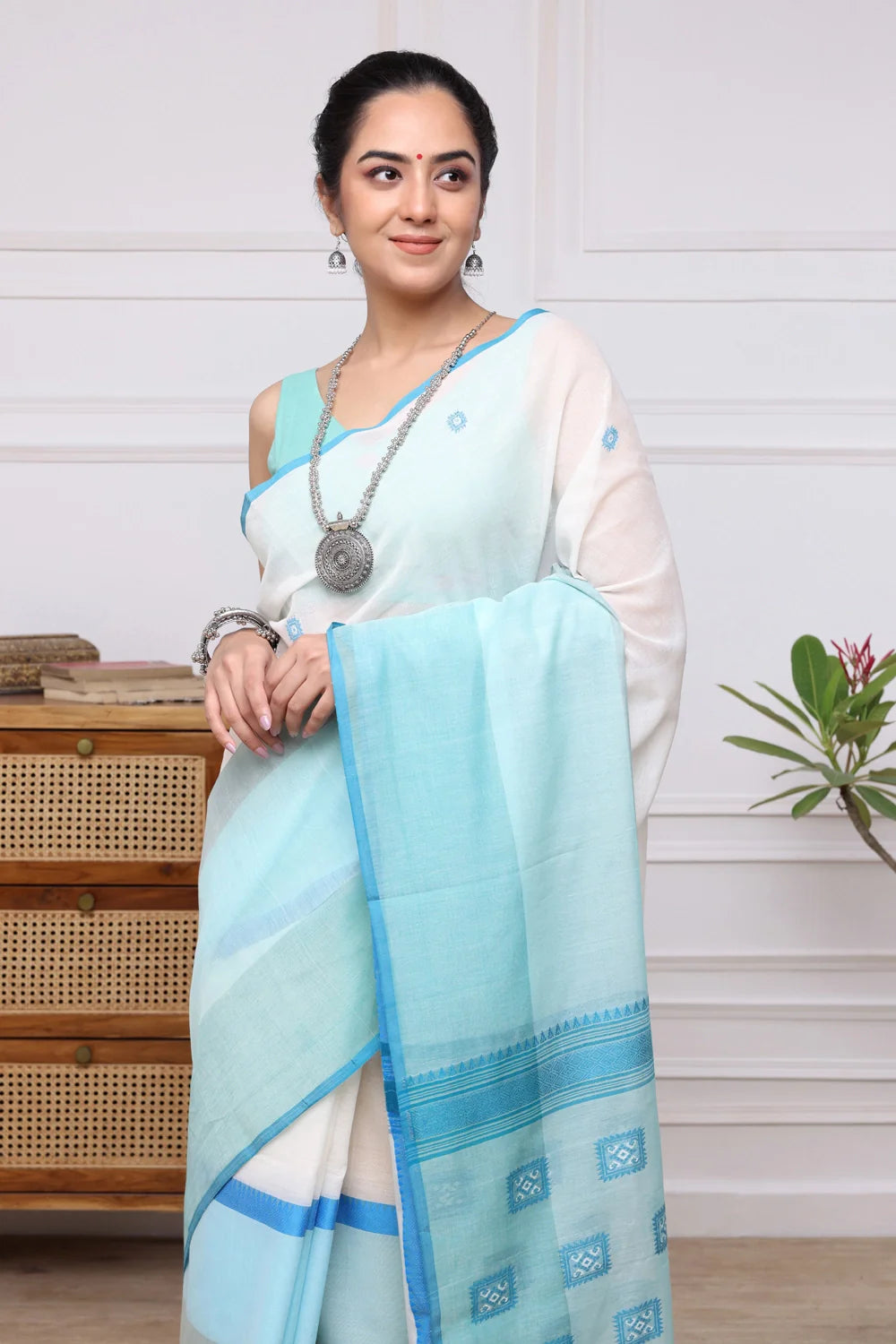 Handloom White & Blue Soft Cotton Jamdani Saree with Box Motifs