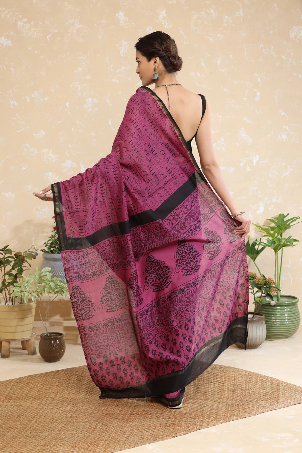 Handloom Wine Tribal Block Print Chanderi Cotton Saree